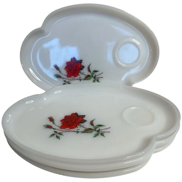 Vintage Federal Milk Glass Rosecraft Snack Plate Hand Painted Red Rose Set Of 4 - Picture 1 of 6